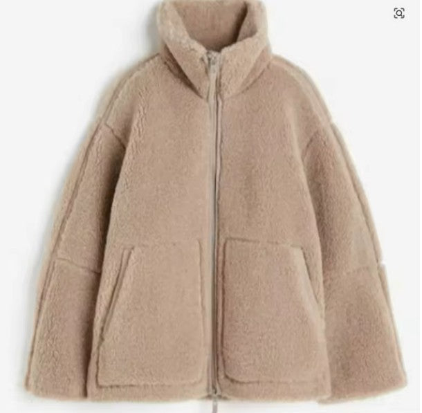 Women's Fluffy Zip-Up Jacket with Stand Collar in Coffee