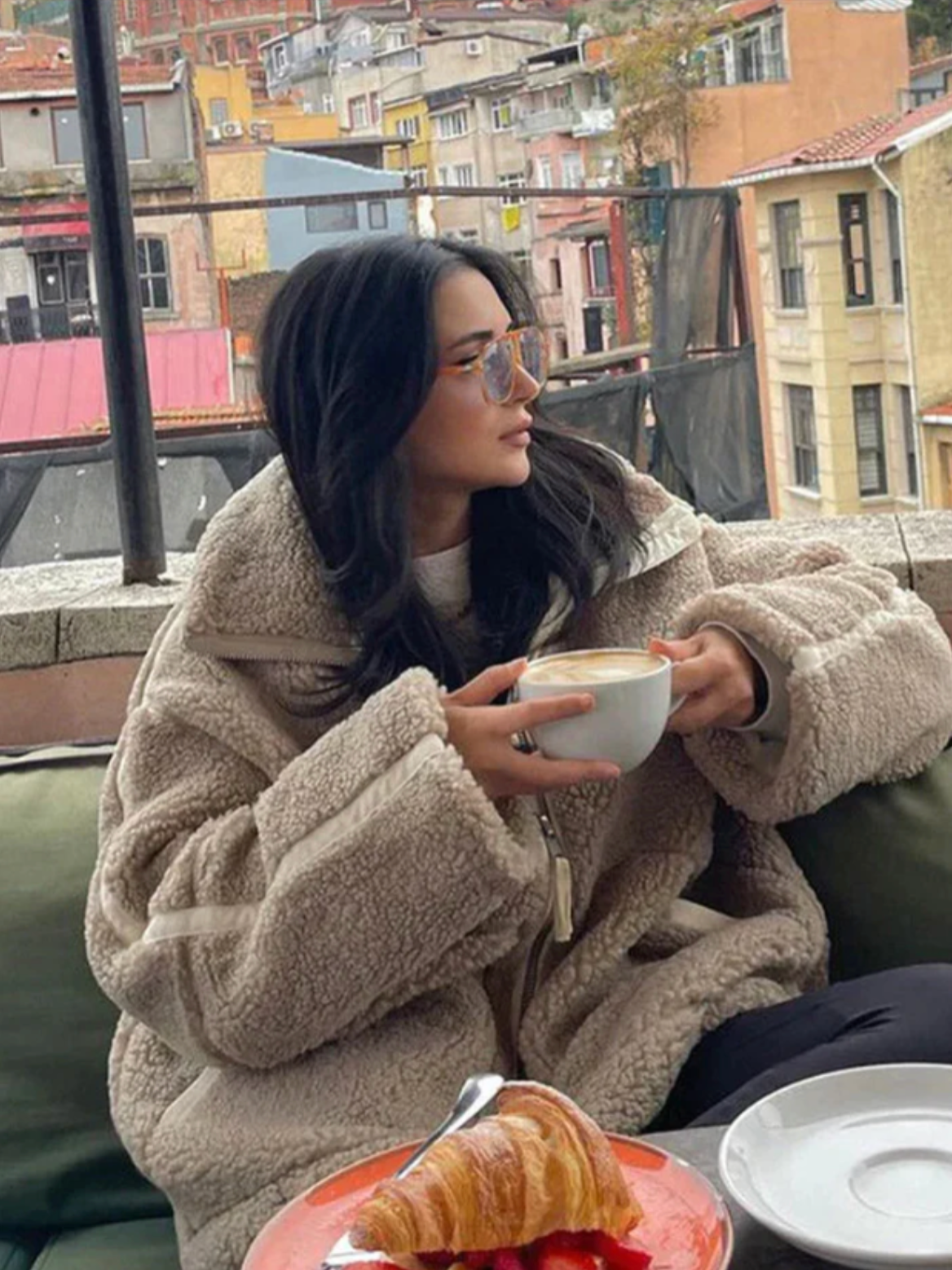 Women's Fluffy Zip-Up Jacket with Stand Collar in Coffee