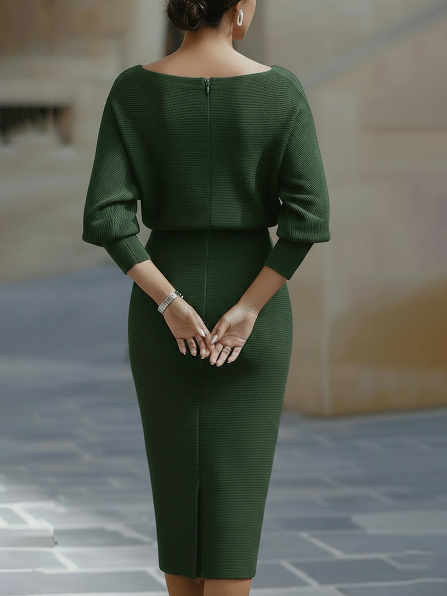 Women's Ribbed Knit Midi Dress with Cowl Neck and Batwing Sleeves in Green