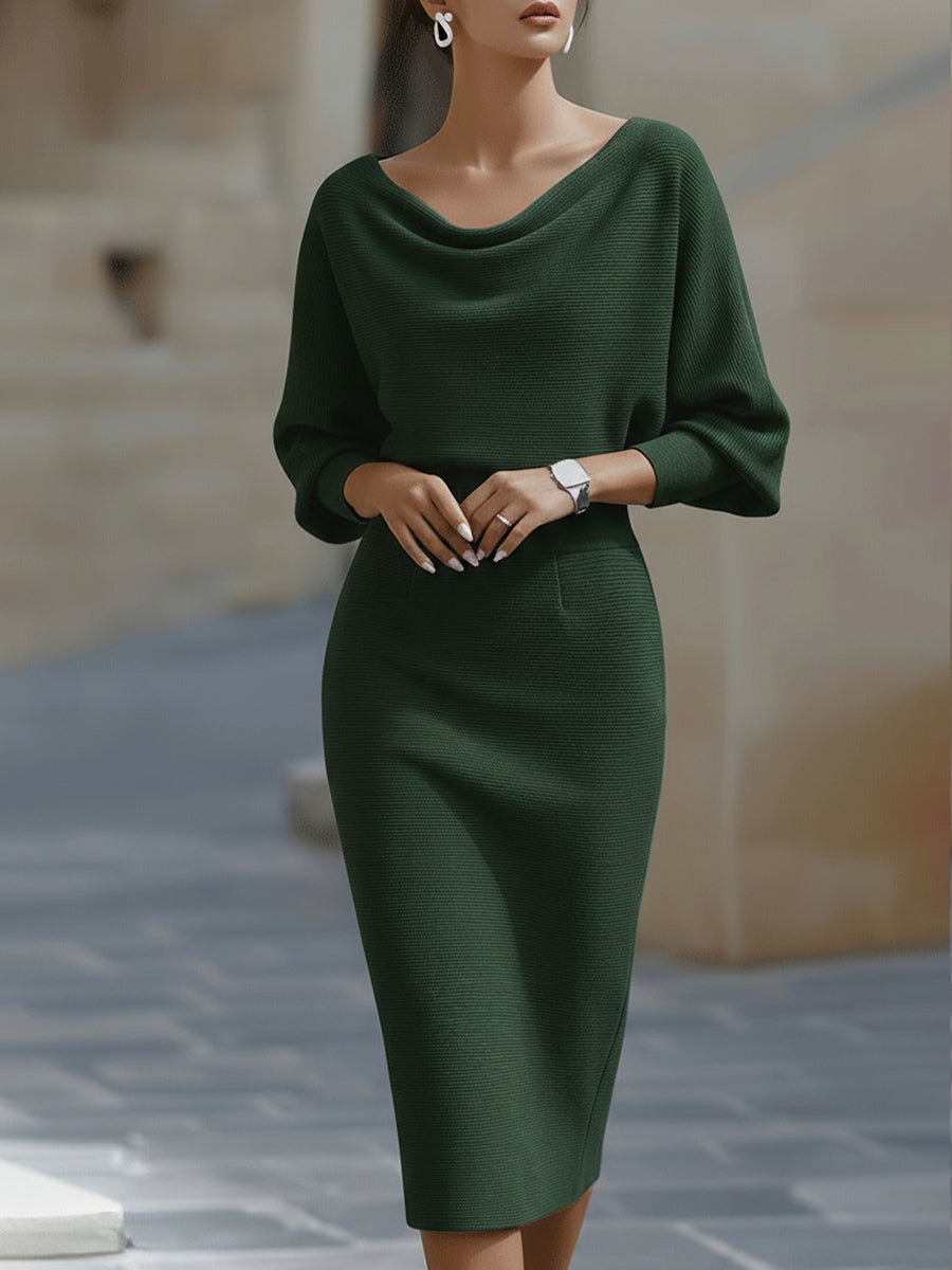 Women's Ribbed Knit Midi Dress with Cowl Neck and Batwing Sleeves in Green