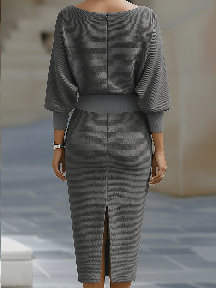 Women's Ribbed Knit Midi Dress with Cowl Neck and Batwing Sleeves in Grey