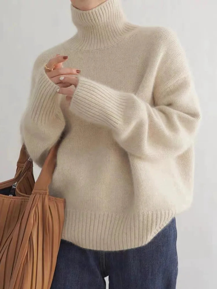 Women's High Roll-Neck Jumper with Ribbed Trims in Beige