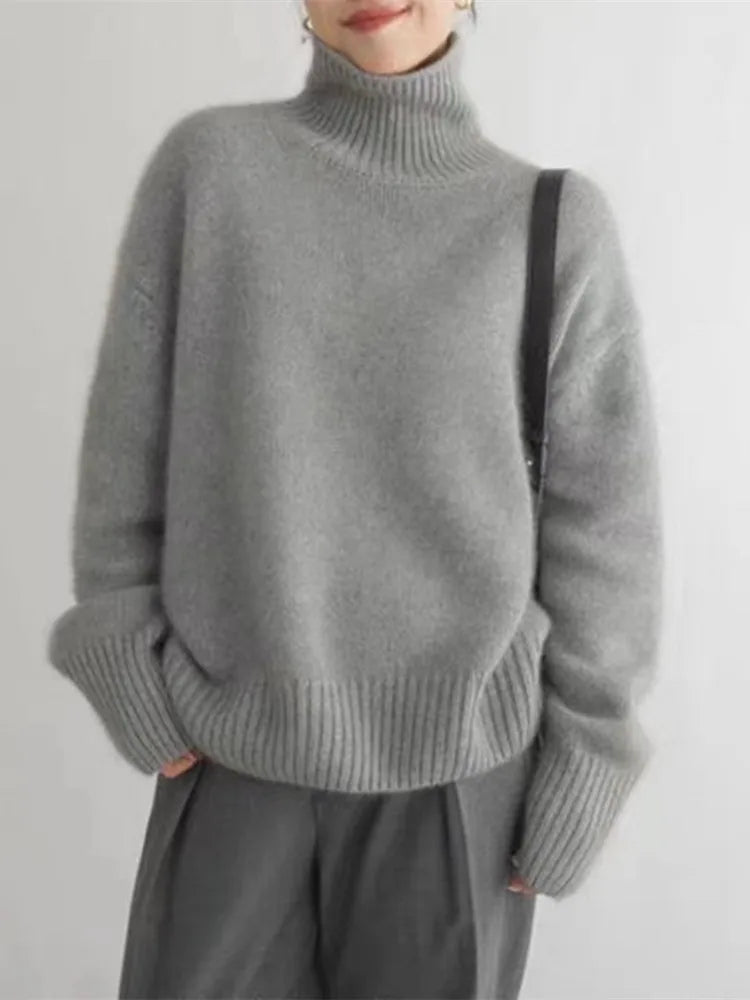 Women's High Roll-Neck Jumper with Ribbed Trims in Grey