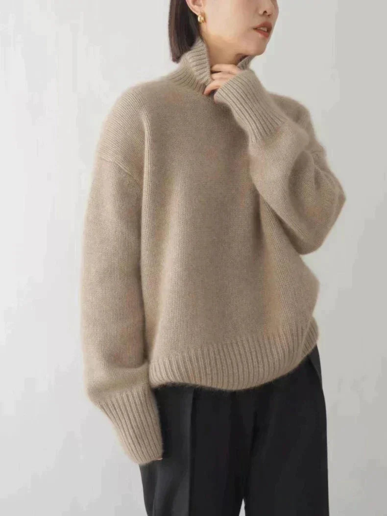 Women's High Roll-Neck Jumper with Ribbed Trims in Khaki
