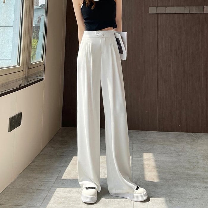 Women's High-Waist Wide-Leg Trousers with Front Pleats in White