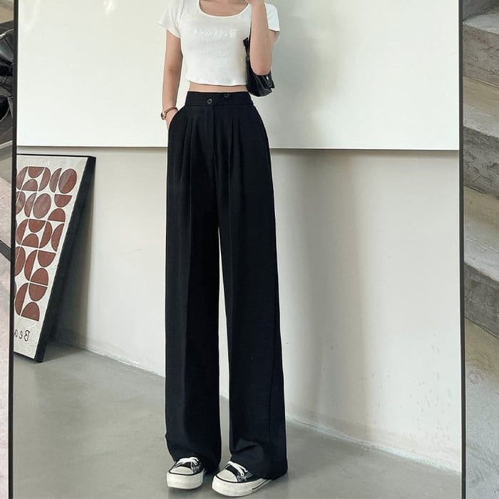 Women's High-Waist Wide-Leg Trousers with Front Pleats in Black