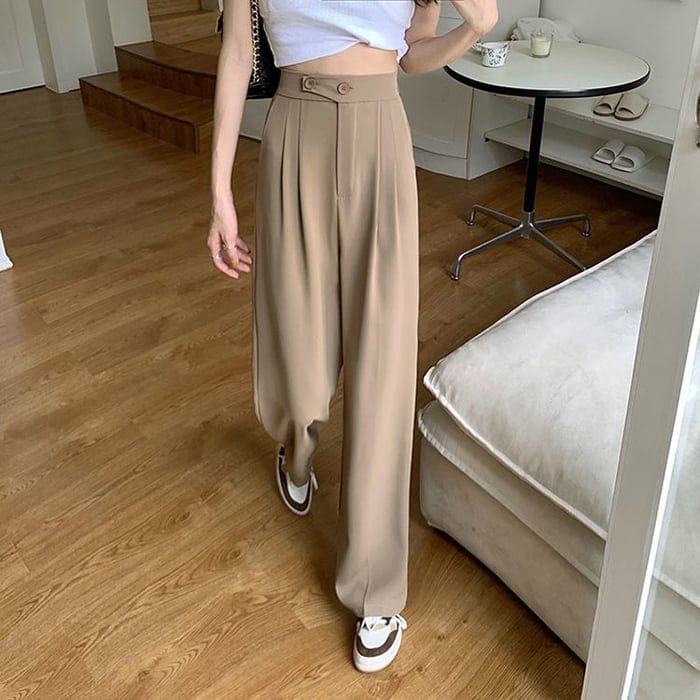 Women's High-Waist Wide-Leg Trousers with Front Pleats in Coffee