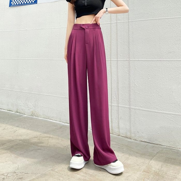 Women's High-Waist Wide-Leg Trousers with Front Pleats in Fuchsia