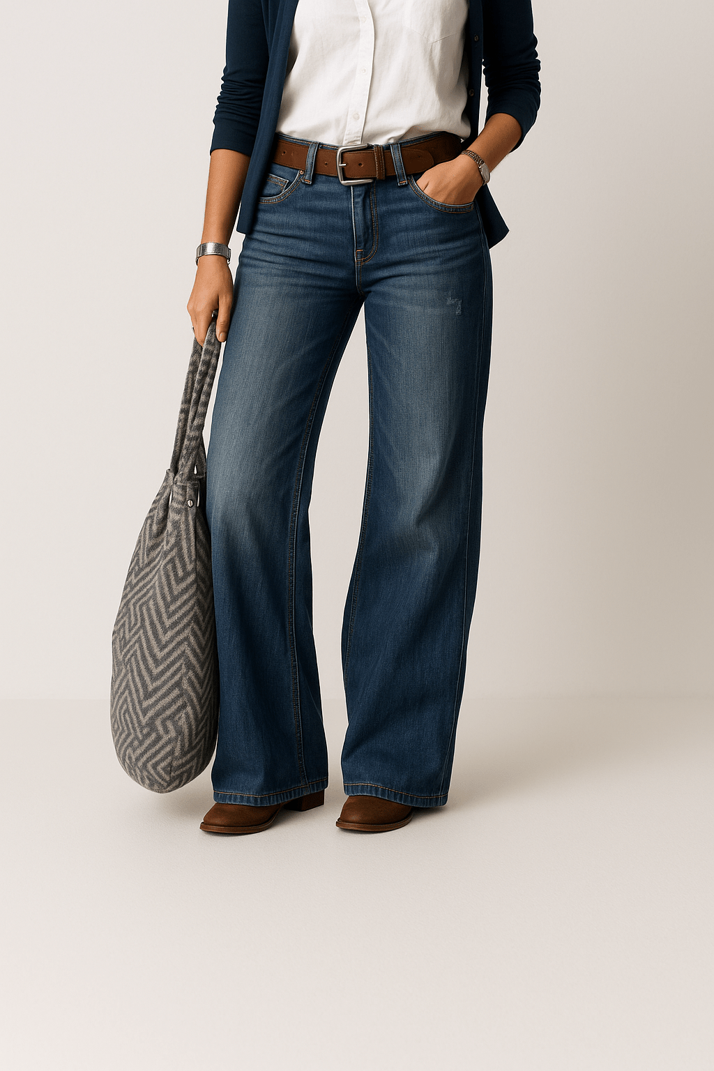 Women's High-Waisted Wide-Leg Jeans with Belt Loops in Blue