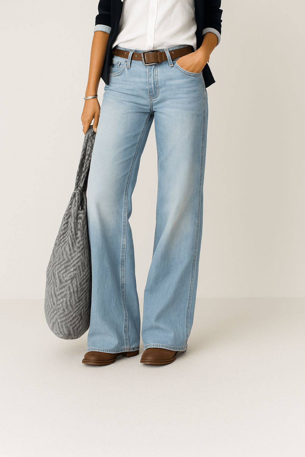 Women's High-Waisted Wide-Leg Jeans with Belt Loops in Light Blue