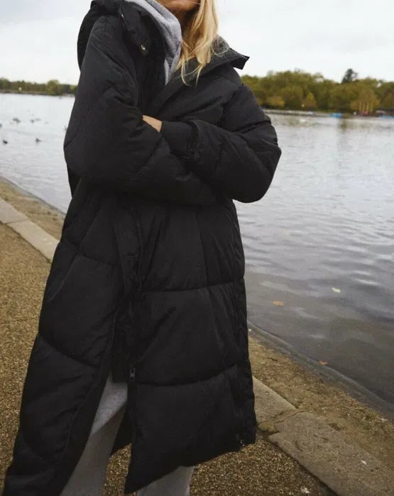 Women's Maxi Quilted Coat with Hood and Full-Length Zip in Black