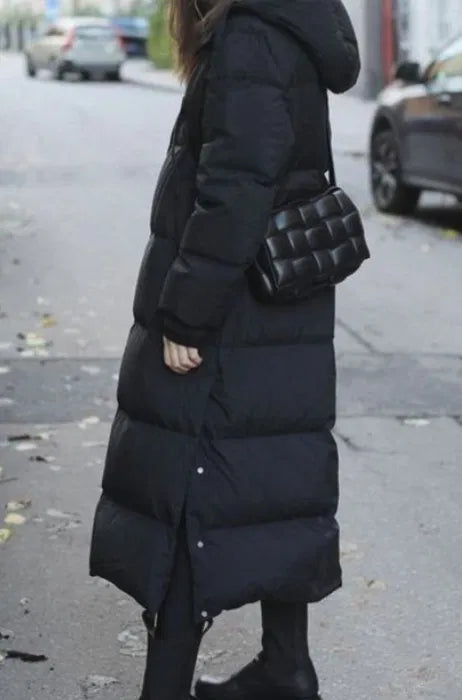 Women's Maxi Quilted Coat with Hood and Full-Length Zip in Black