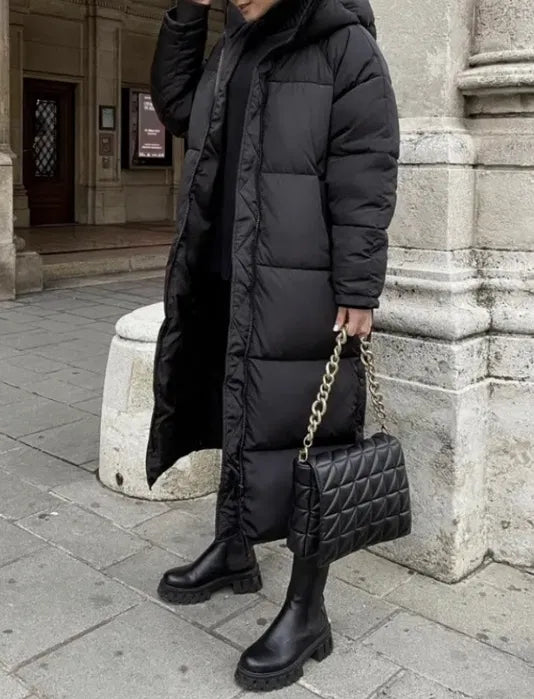 Women's Maxi Quilted Coat with Hood and Full-Length Zip in Black