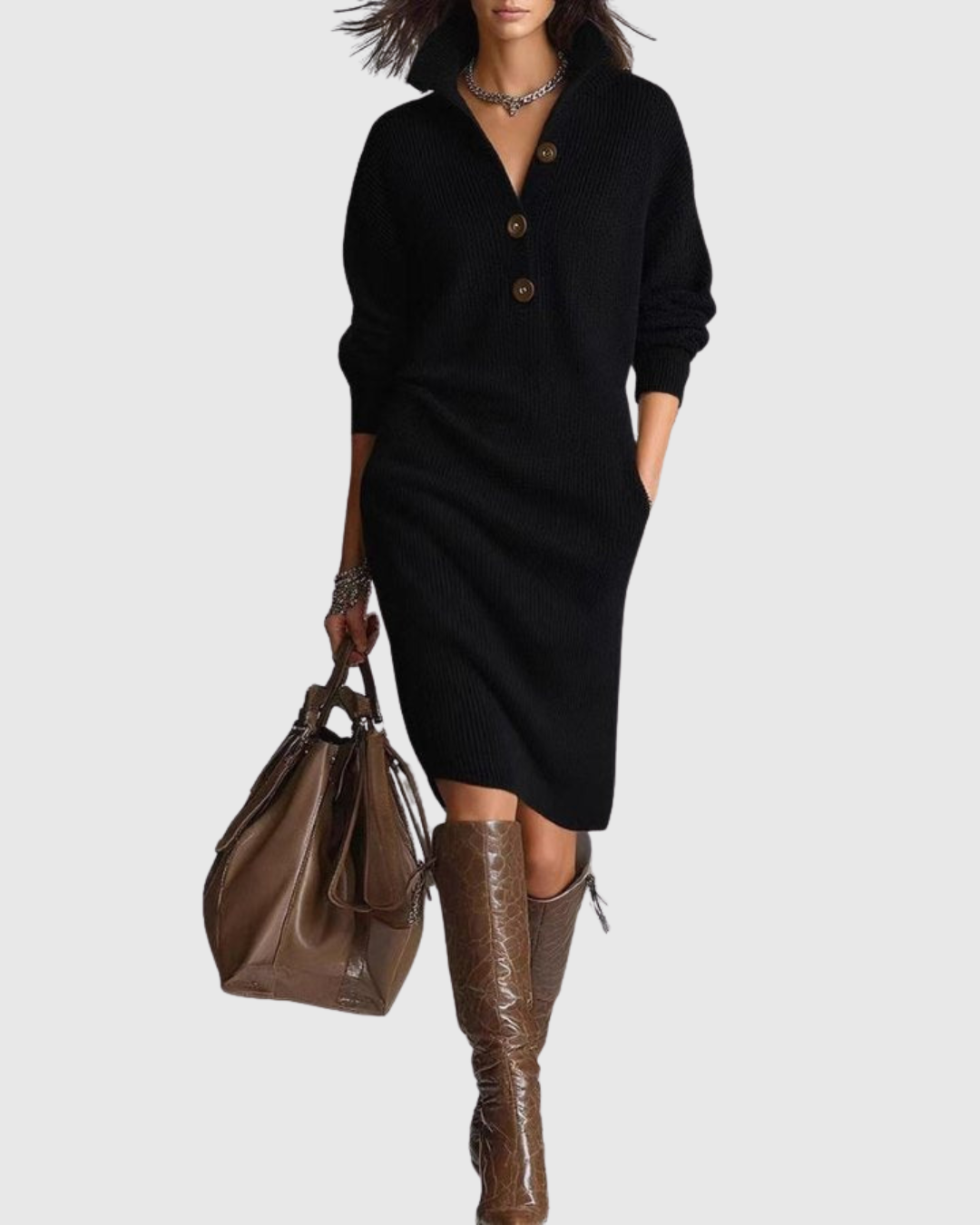 Women's Knit Dress with Collar and Button-Front V-Neckline in Black