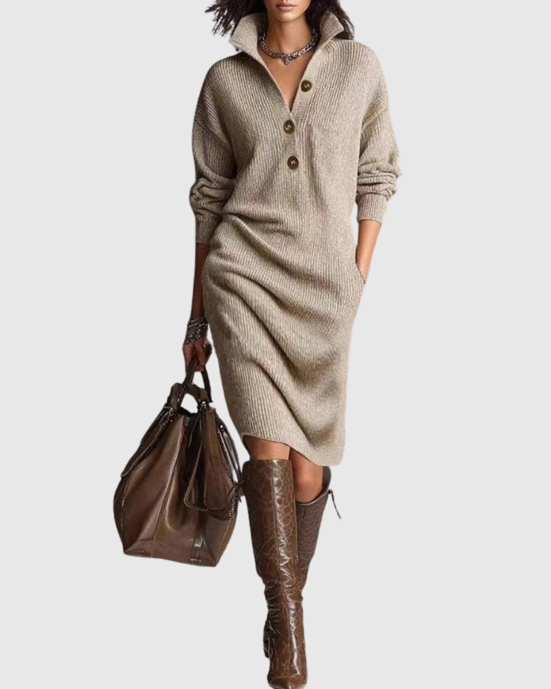 Women's Knit Dress with Collar and Button-Front V-Neckline in Khaki