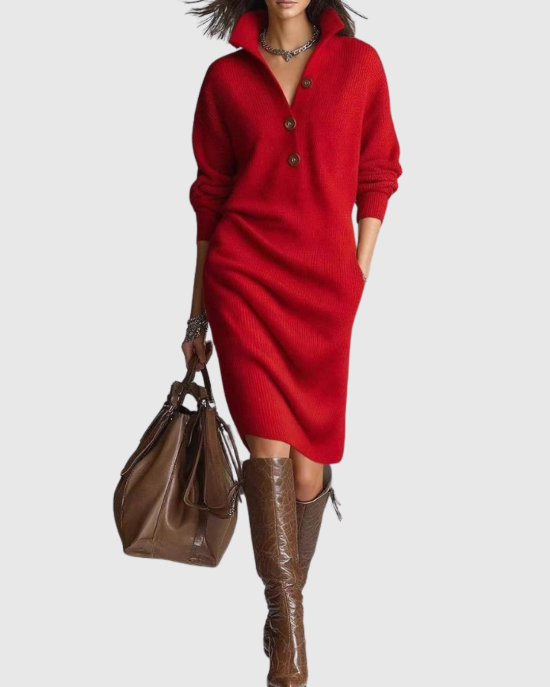 Women's Knit Dress with Collar and Button-Front V-Neckline in Red
