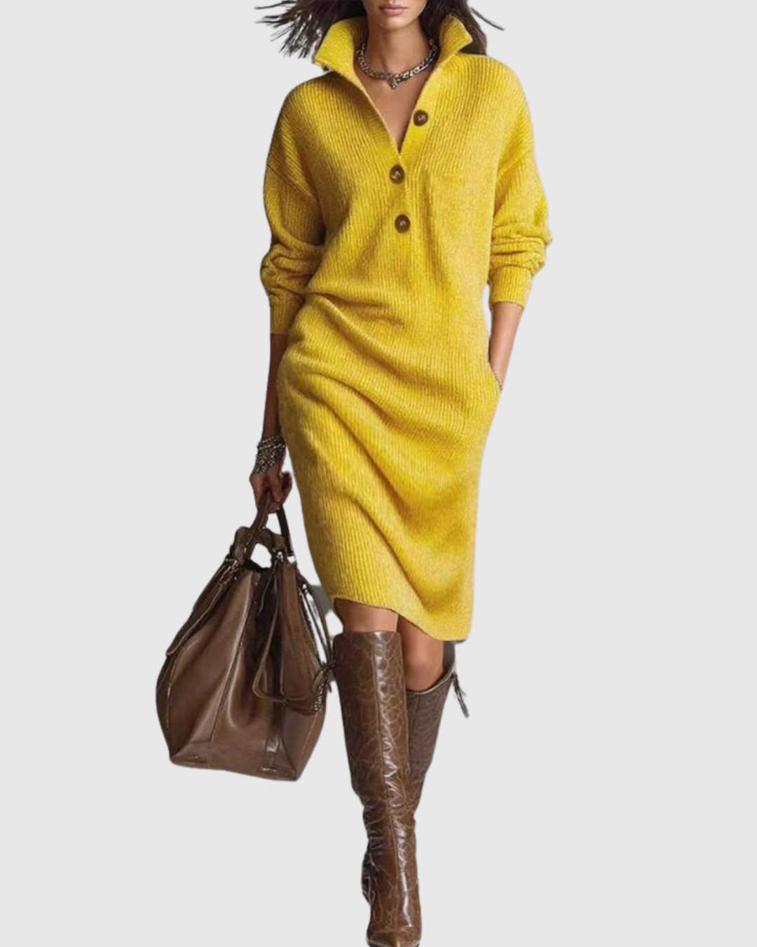 Women's Knit Dress with Collar and Button-Front V-Neckline in Yellow