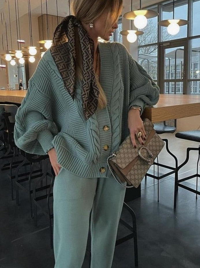 Women's Knit Set with Buttoned Cable Cardigan and Trousers in Dark Green