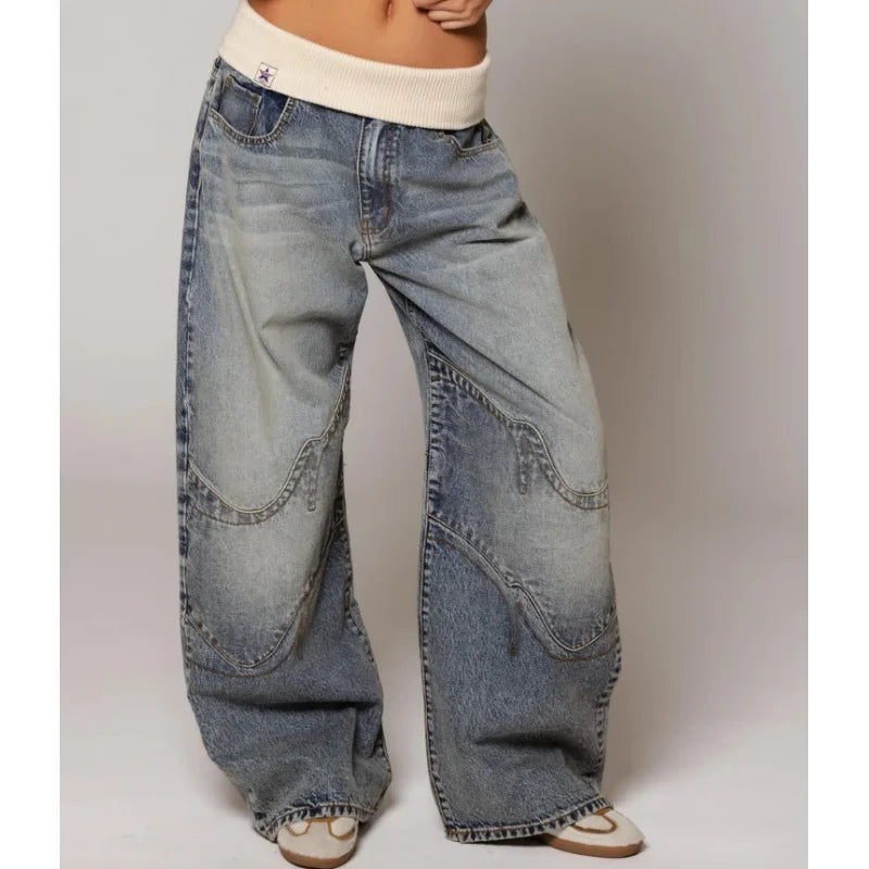 Women's Light Blue Wide-Leg Jeans with Low Rise and Frayed Patches in Light Blue