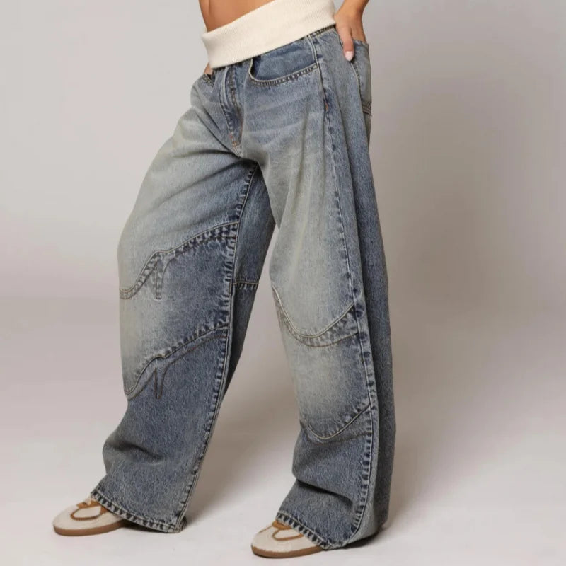 Women's Light Blue Wide-Leg Jeans with Low Rise and Frayed Patches in Light Blue