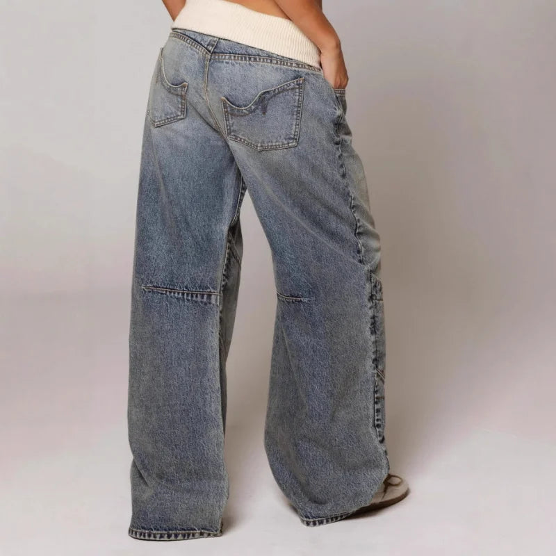 Women's Light Blue Wide-Leg Jeans with Low Rise and Frayed Patches in Light Blue