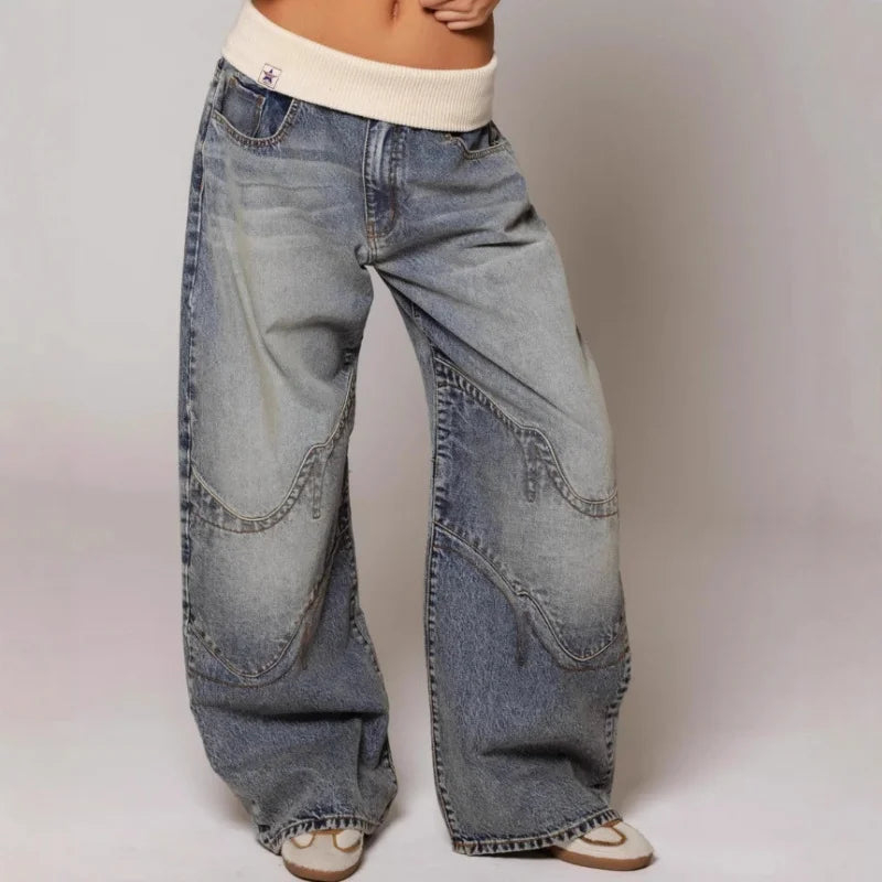Women's Light Blue Wide-Leg Jeans with Low Rise and Frayed Patches in Light Blue