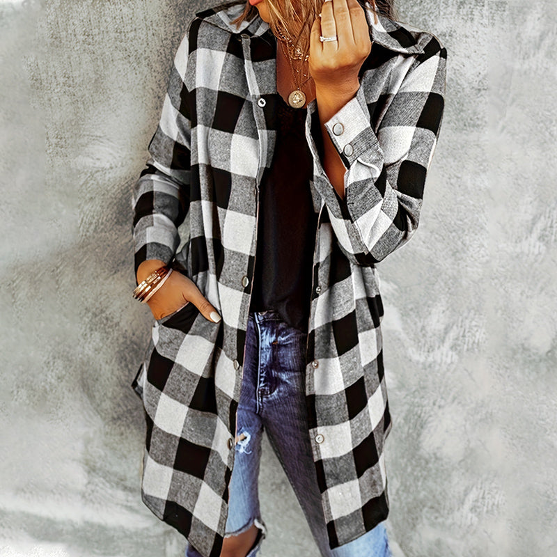 Women's Long Checked Jacket with Hood and Popper Fastening in White