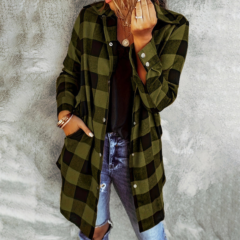 Women's Long Checked Jacket with Hood and Popper Fastening in Green