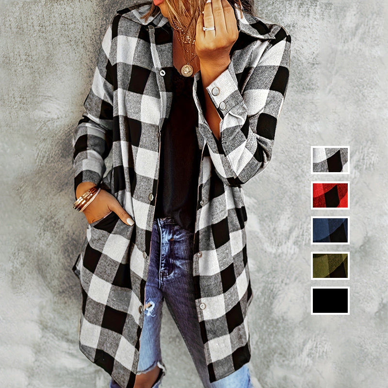 Women's Long Checked Jacket with Hood and Popper Fastening in White