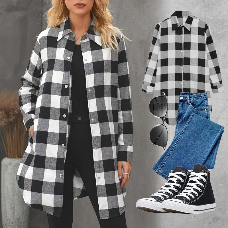Women's Long Checked Jacket with Hood and Popper Fastening in White