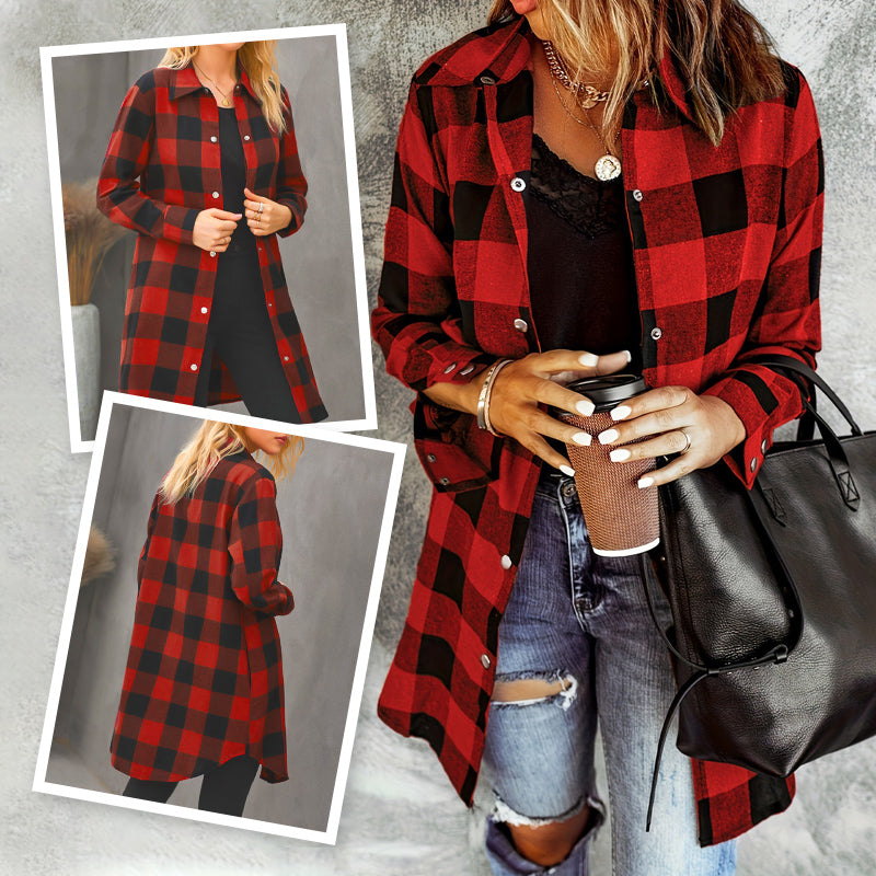 Women's Long Checked Jacket with Hood and Popper Fastening in Red