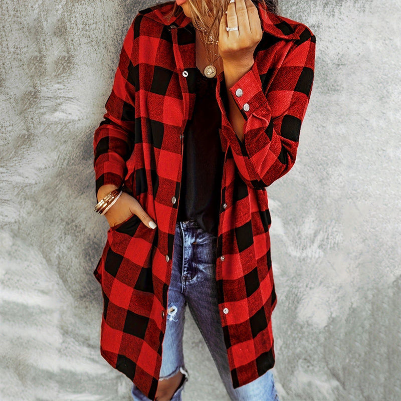 Women's Long Checked Jacket with Hood and Popper Fastening in Red