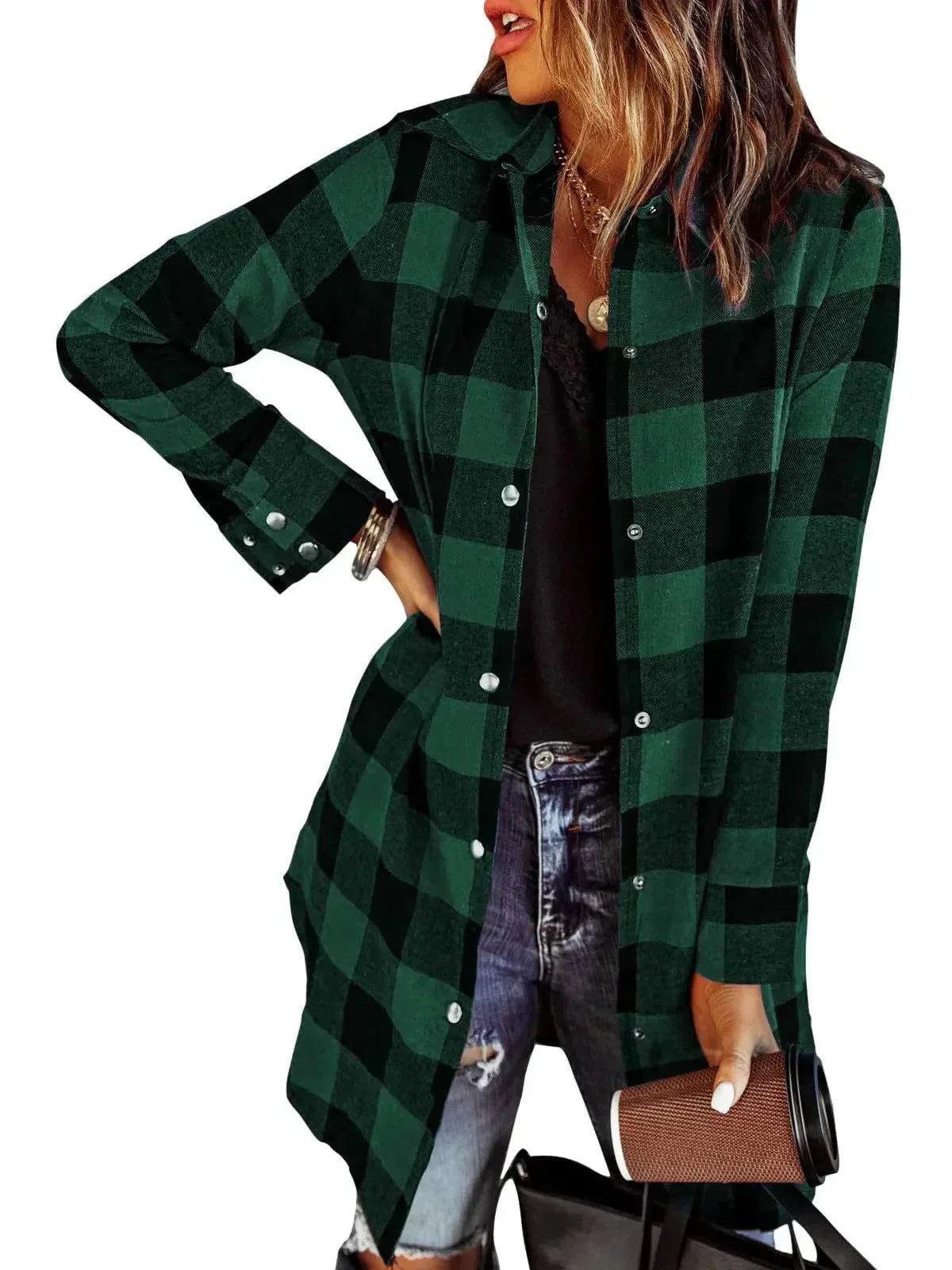 Women's Long Checked Jacket with Hood and Popper Fastening in Green