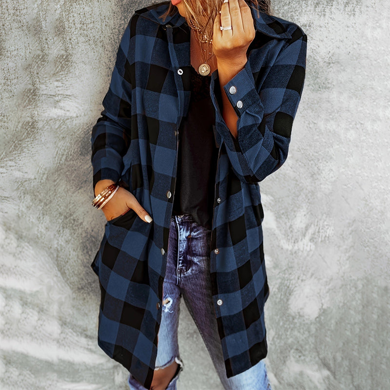 Women's Long Checked Jacket with Hood and Popper Fastening in Blue