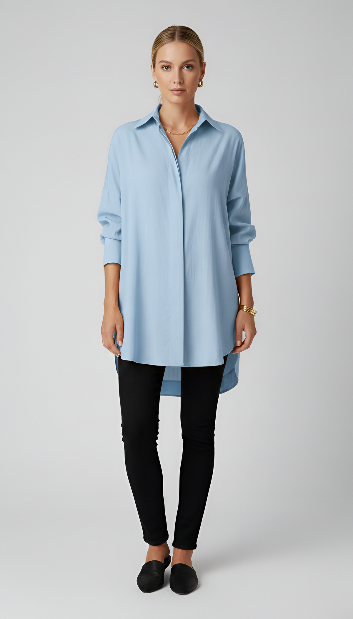 Women's Loose-Fit Shirt with Elongated Rounded Back in Light Blue