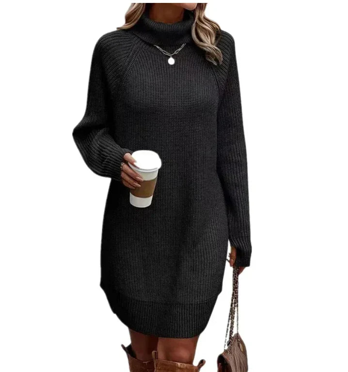 Women's Loose Ribbed Knit Dress with Roll Neck and Long Sleeves in Black