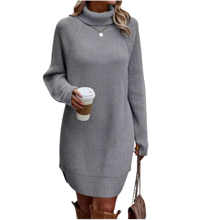 Women's Loose Ribbed Knit Dress with Roll Neck and Long Sleeves in Grey