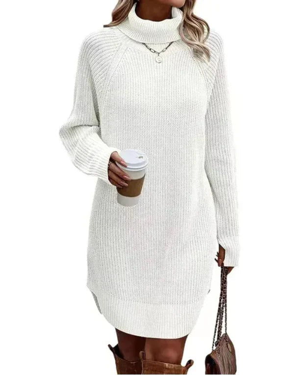 Women's Loose Ribbed Knit Dress with Roll Neck and Long Sleeves in White