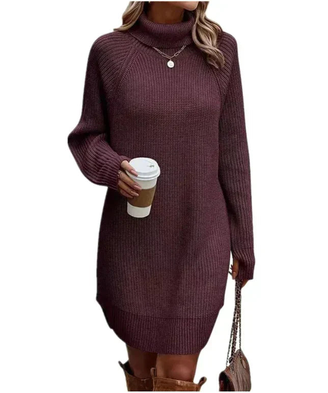 Women's Loose Ribbed Knit Dress with Roll Neck and Long Sleeves in Purple