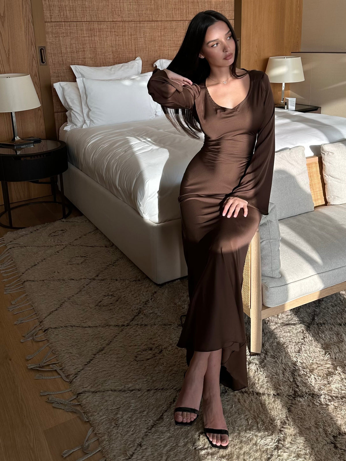Women's Maxi Dress with Flared Sleeves and Wide Neckline in Brown