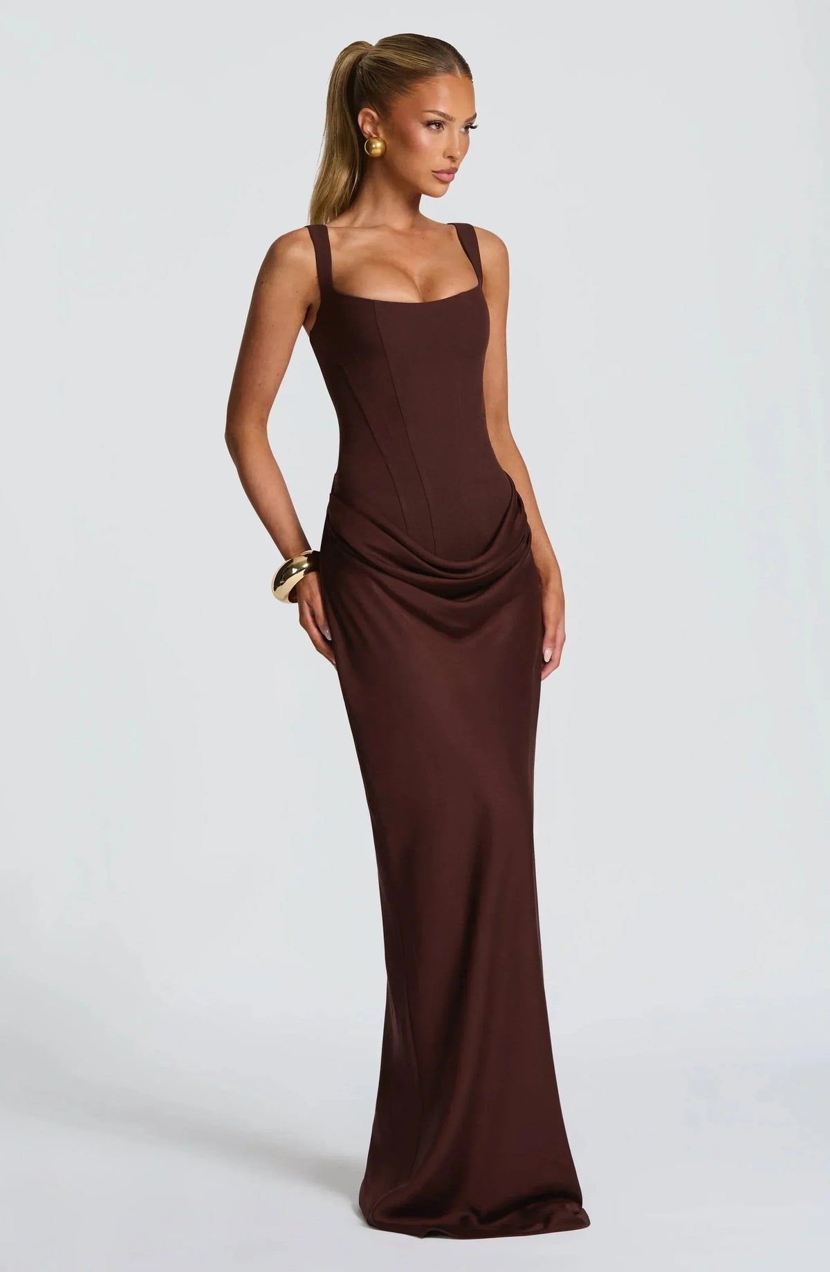 Women's Maxi Dress with Square Neckline and Draped Hips in Brown
