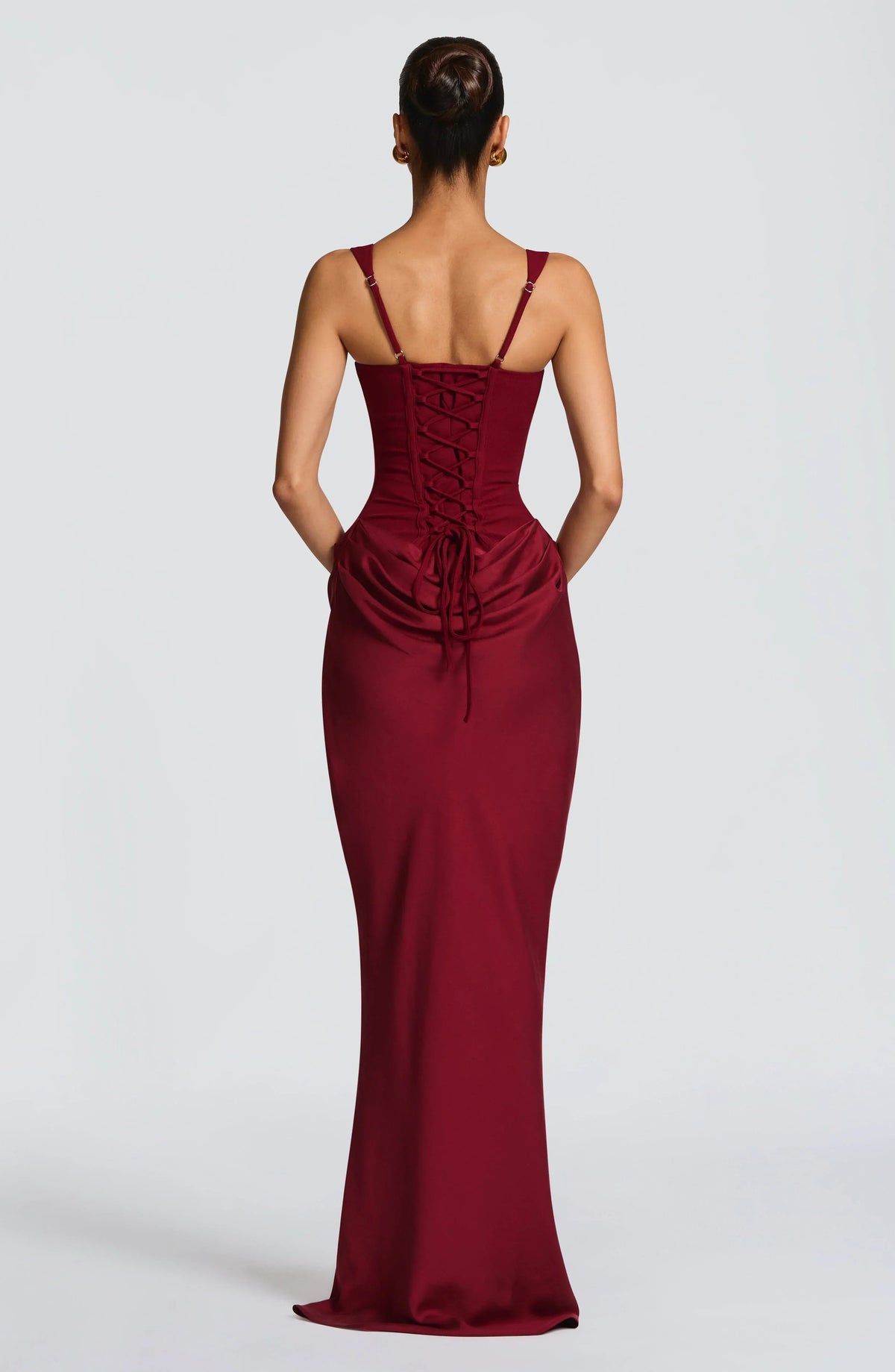 Women's Maxi Dress with Square Neckline and Draped Hips in Burgundy