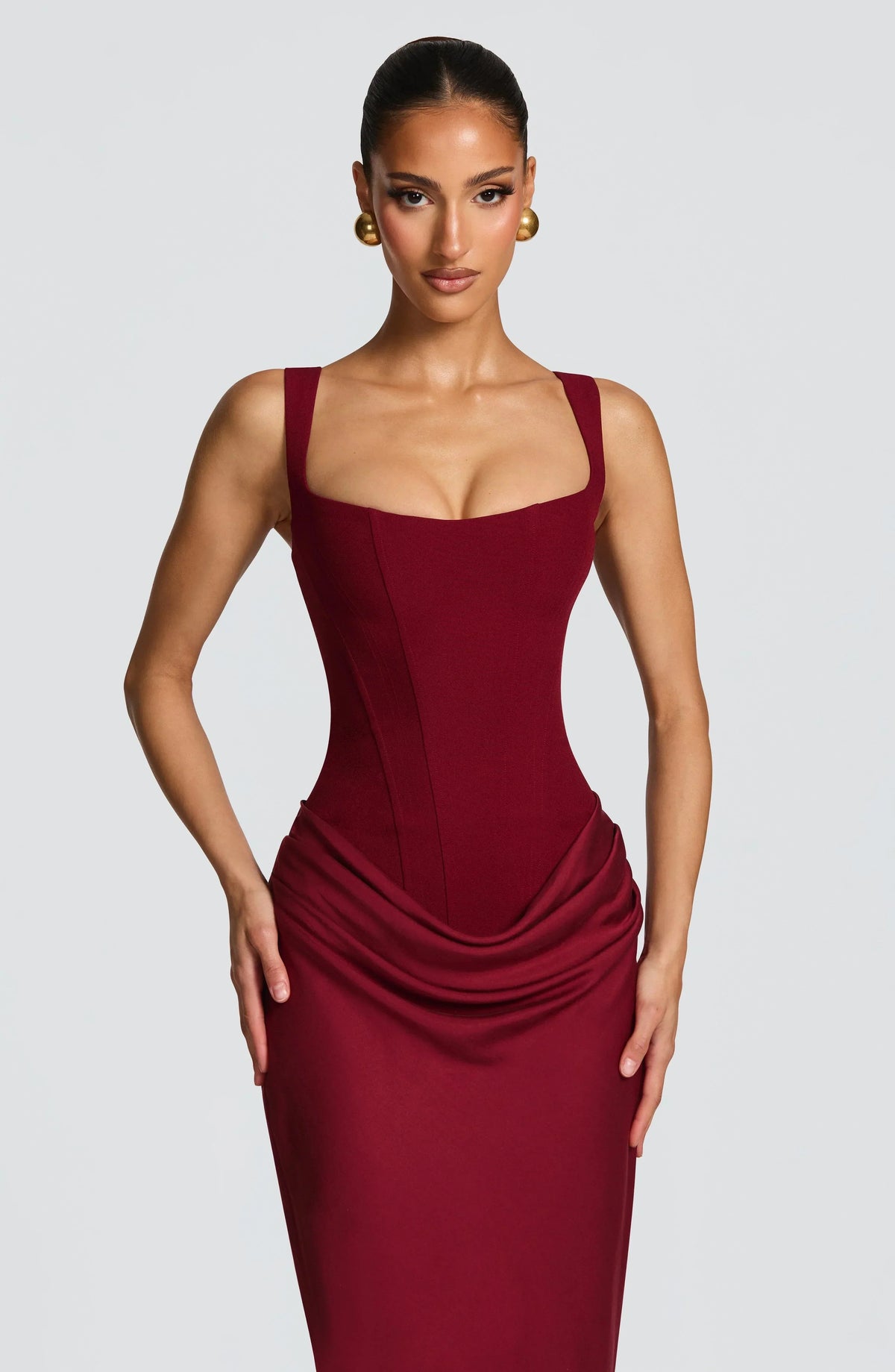 Women's Maxi Dress with Square Neckline and Draped Hips in Burgundy