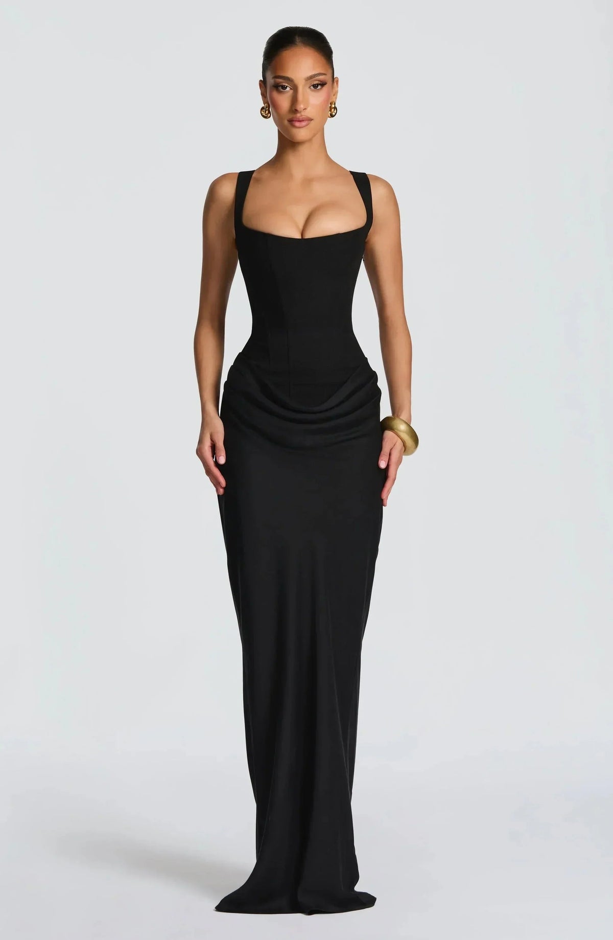 Women's Maxi Dress with Square Neckline and Draped Hips in Black