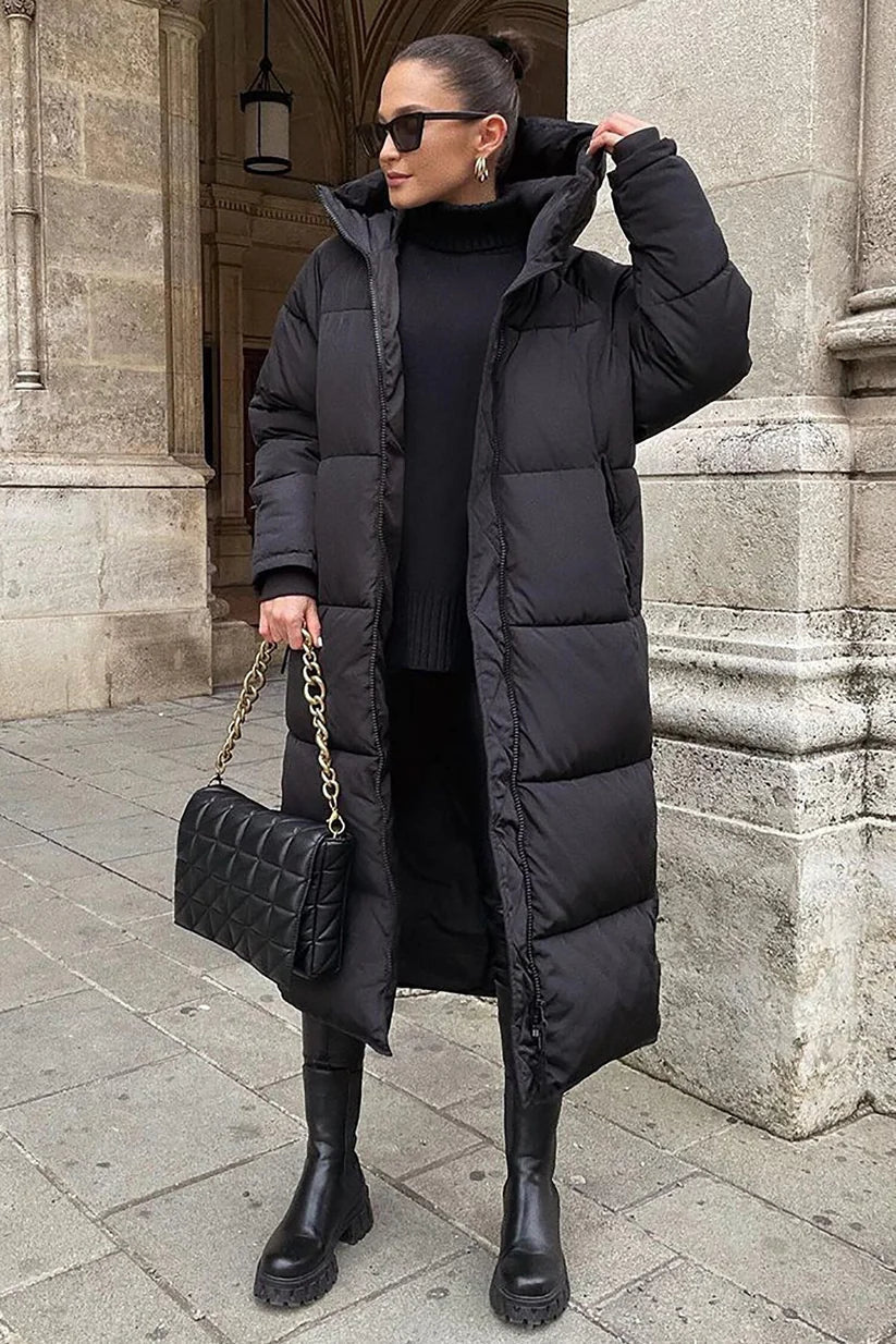 Women's Maxi Quilted Coat with Hood and Full-Length Zip in Black