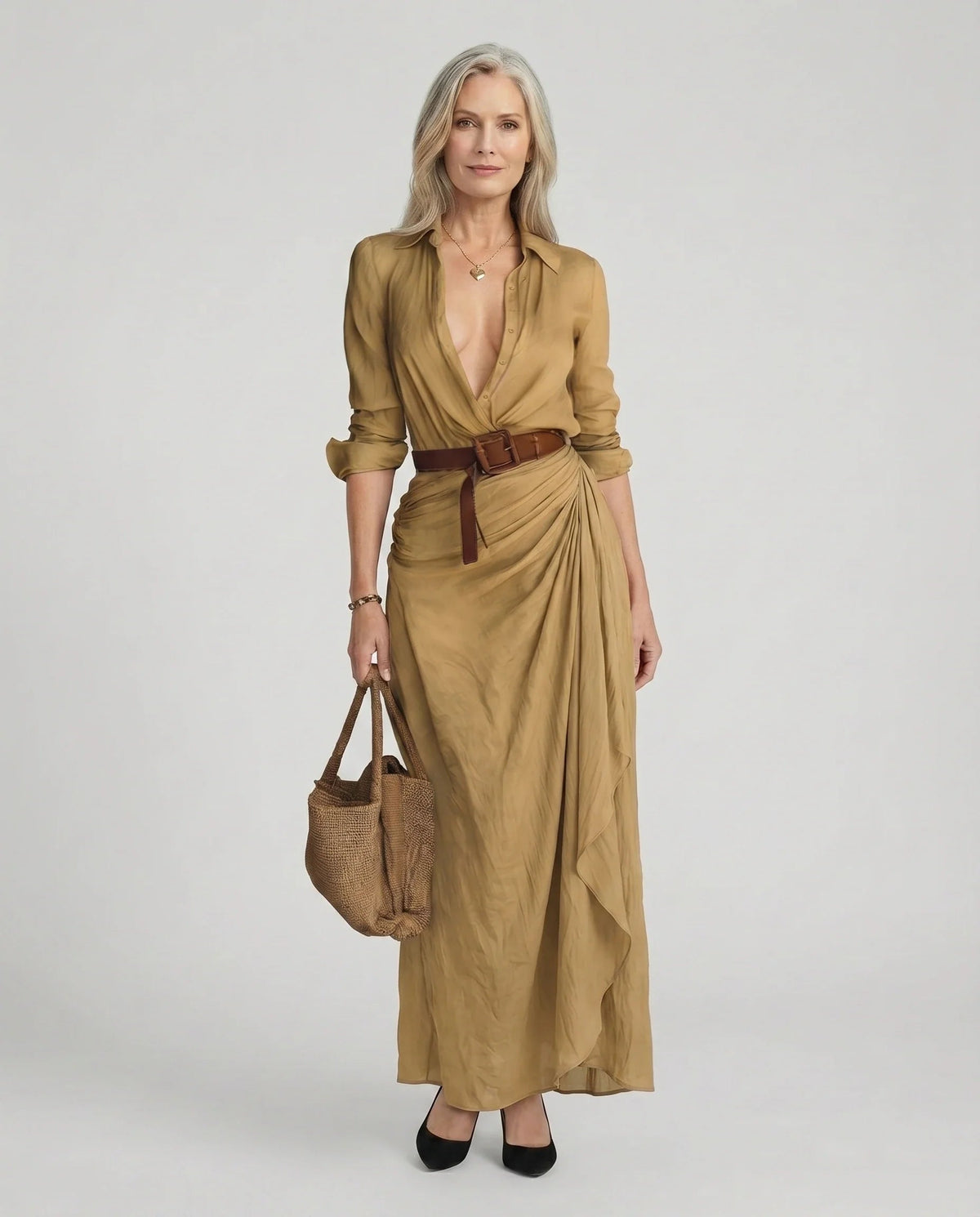 Women's Maxi Shirt Dress with Collar and Draped Skirt in Khaki