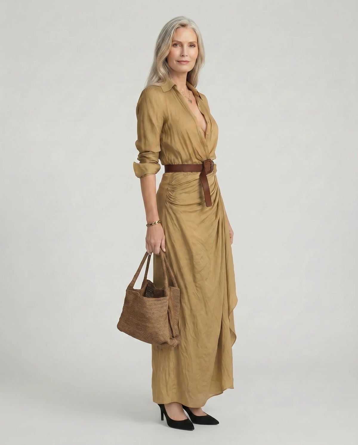Women's Maxi Shirt Dress with Collar and Draped Skirt in Khaki