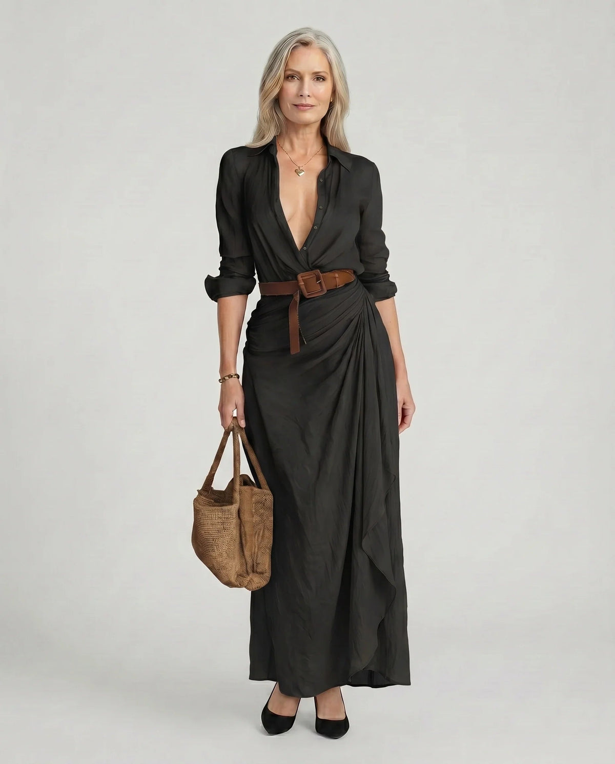 Women's Maxi Shirt Dress with Collar and Draped Skirt in Black