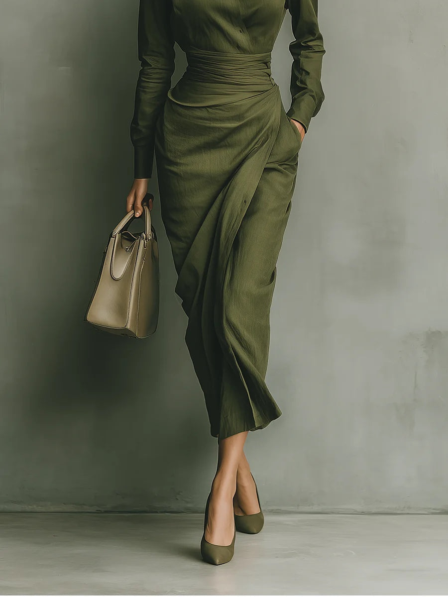 Women's Military Green Shirt Dress with Gathered Waist in Military Green