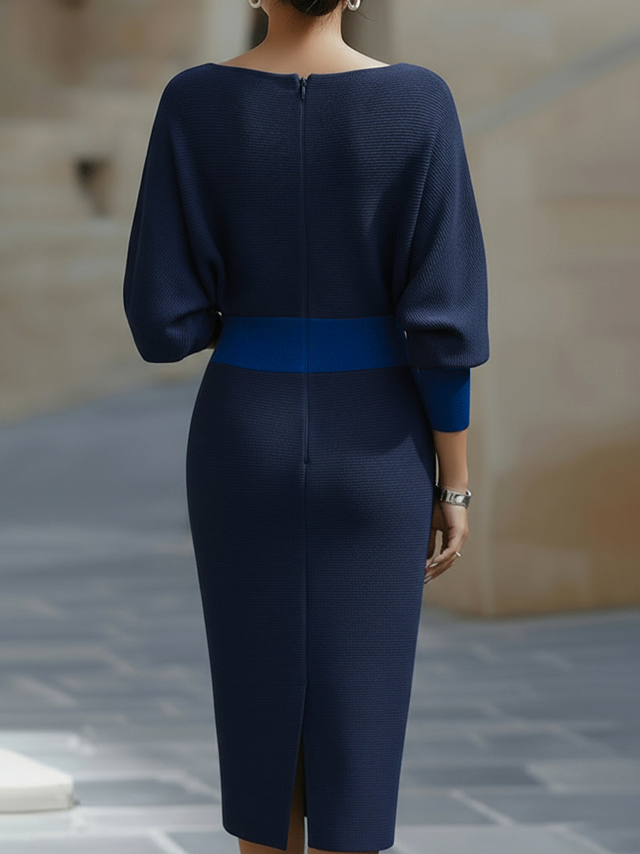 Women's Ribbed Knit Midi Dress with Cowl Neck and Batwing Sleeves in Navy